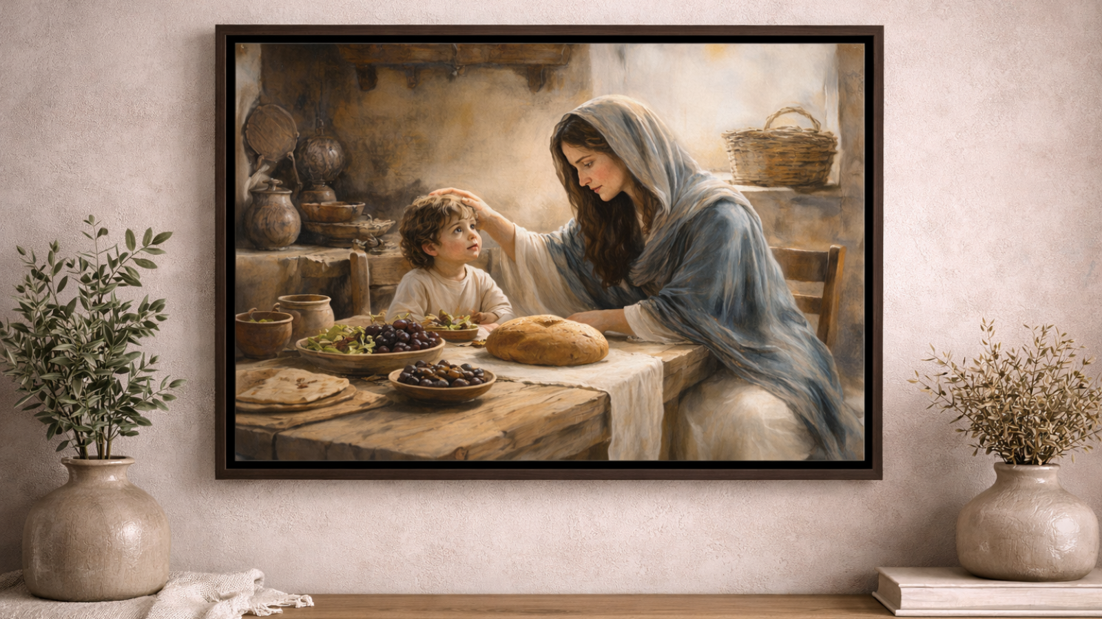 Mary touching baby jesus' head at the dining table, featured on a framed canvas