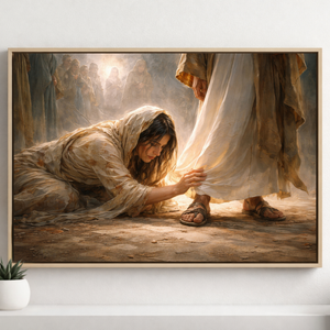 Faith-based Christian wall art depicting a woman kneeling in humility and healing as she reaches for Jesus’ garment, symbolizing faith, restoration, and hope.