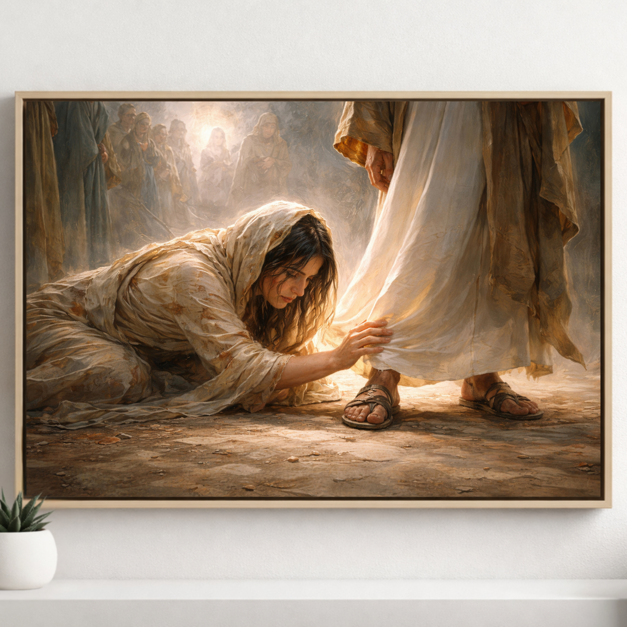 Faith-based Christian wall art depicting a woman kneeling in humility and healing as she reaches for Jesus’ garment, symbolizing faith, restoration, and hope.