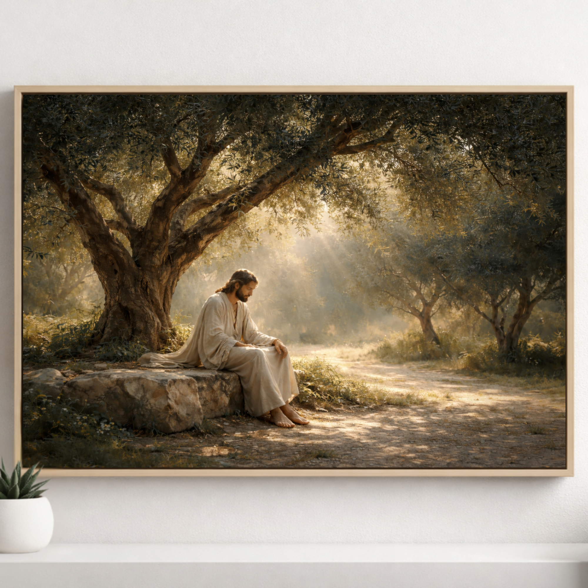 Christian artwork depicting Jesus seated beneath an olive tree in quiet reflection, surrounded by soft light and a peaceful natural landscape.