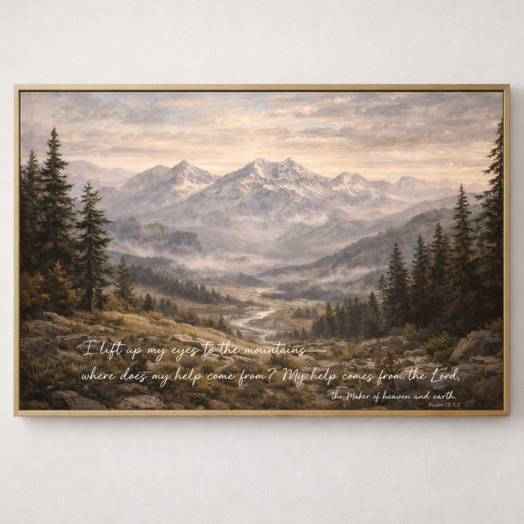Framed artwork of a mountain range with scripture