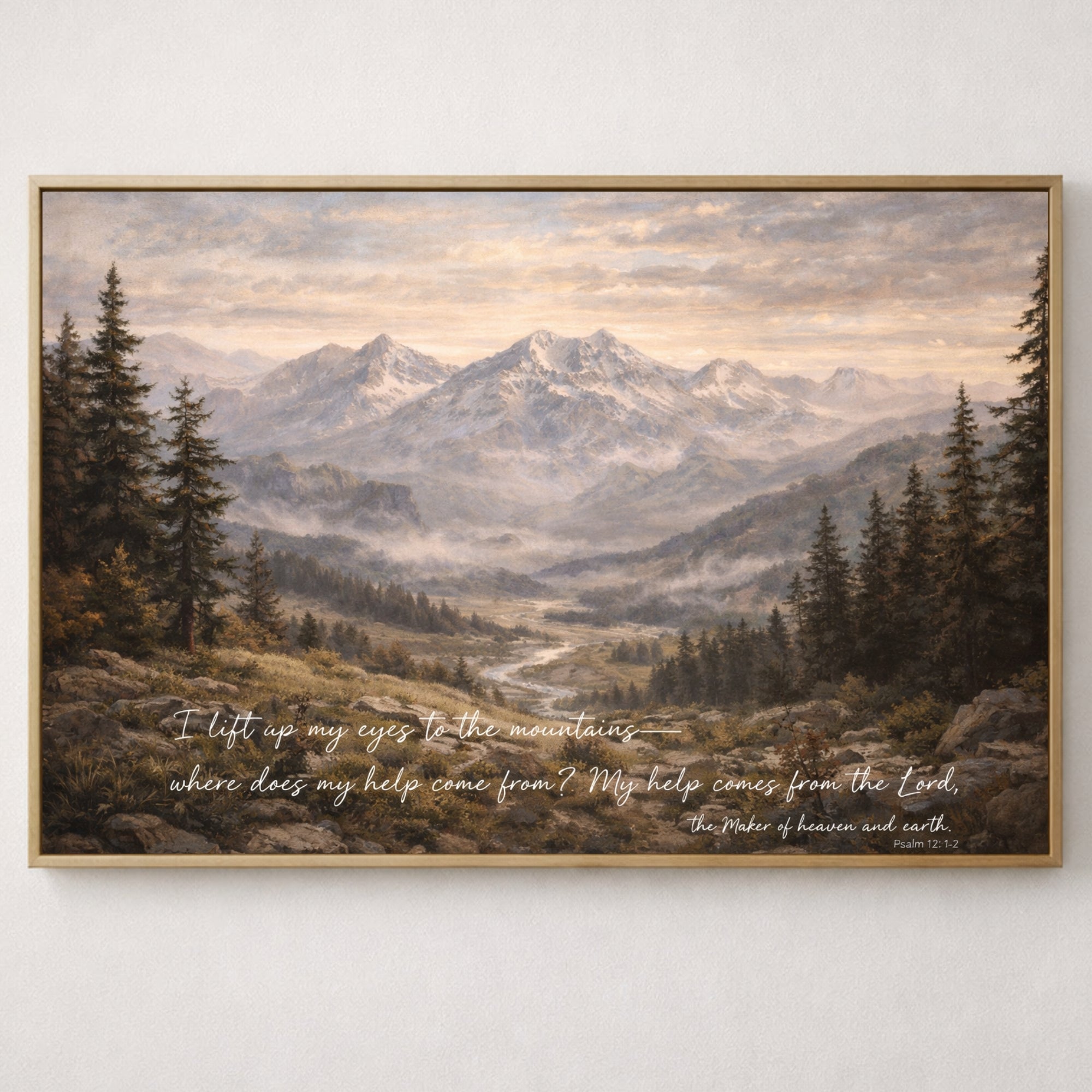 Framed artwork of a mountain range with scripture