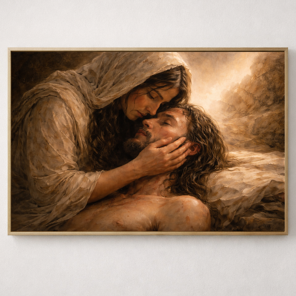 A classical Christian pieta painting depicting Mary holding Jesus Christ after the crucifixion. 