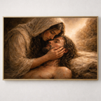 A classical Christian pieta painting depicting Mary holding Jesus Christ after the crucifixion. 