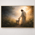 Framed artwork of a person in a robe interacting with a lamb in a sunlit field.