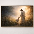 Framed artwork of a person in a robe interacting with a lamb in a sunlit field.