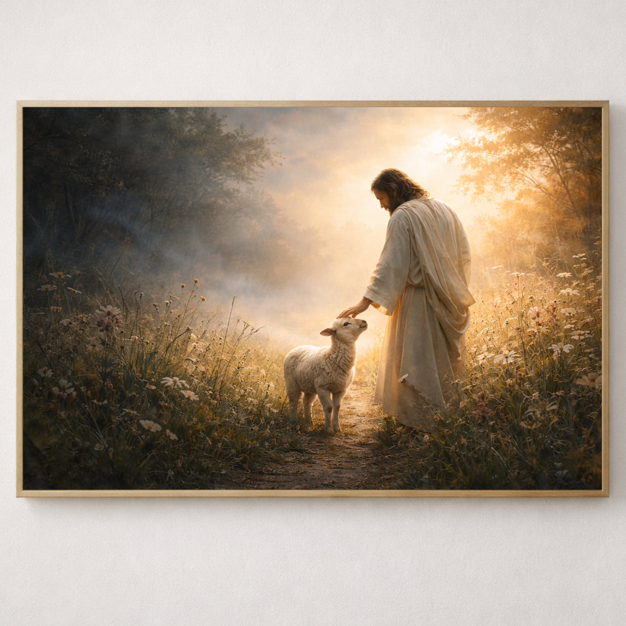 Framed artwork of a person in a robe interacting with a lamb in a sunlit field.
