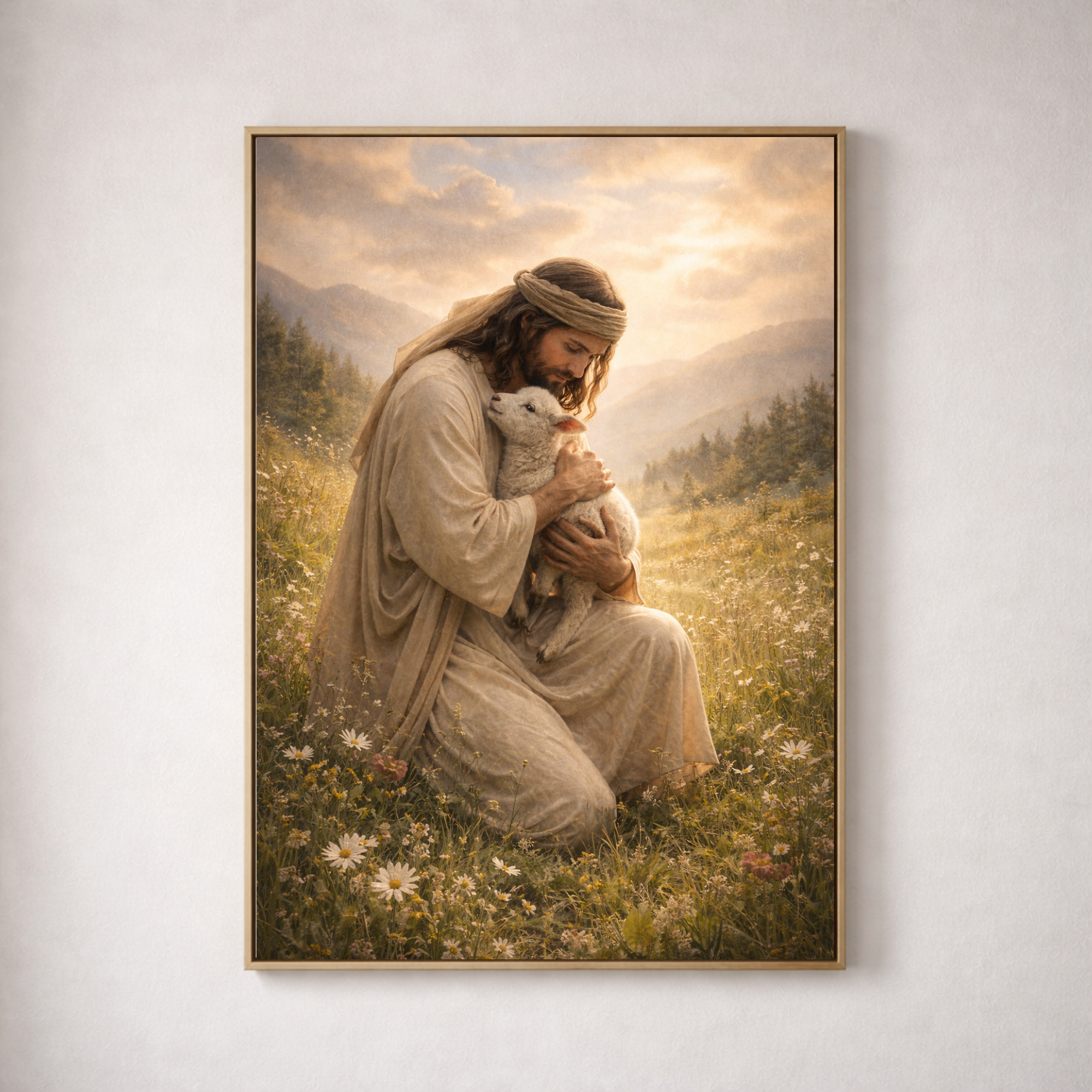 Framed artwork of a person in a robe holding a lamb in a field with mountains in the background.