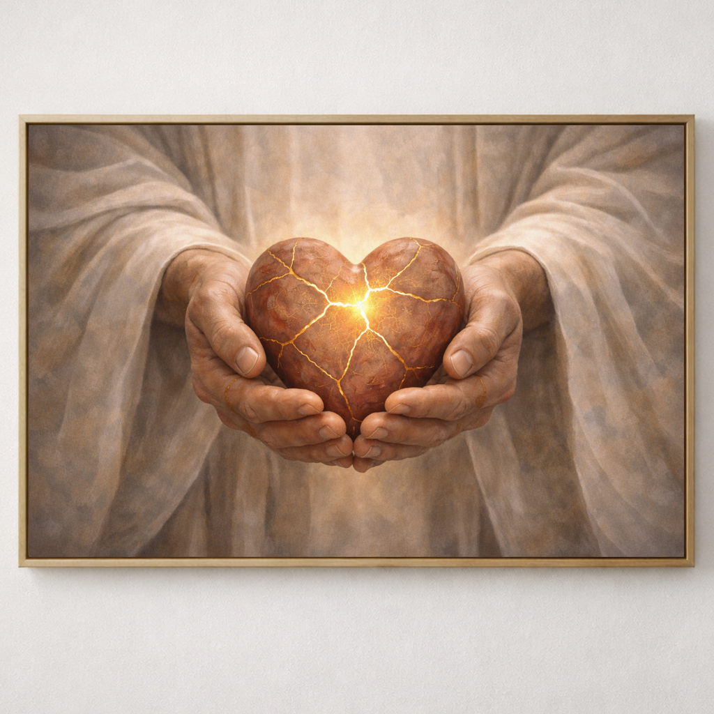 Christian kintsugi heart artwork symbolizing healing, restoration, and faith.