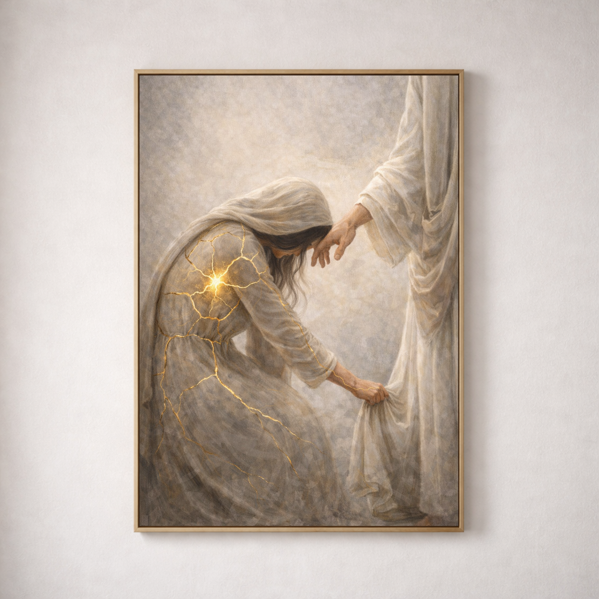 Kintusgi vertical woman healed by jesus framed canvas art