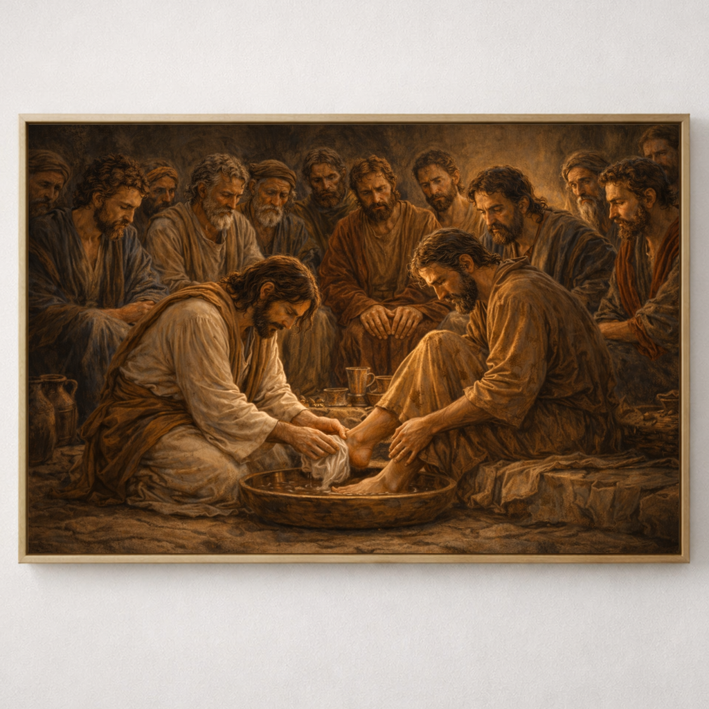 jesus washing the disciples feet, framed canvas 