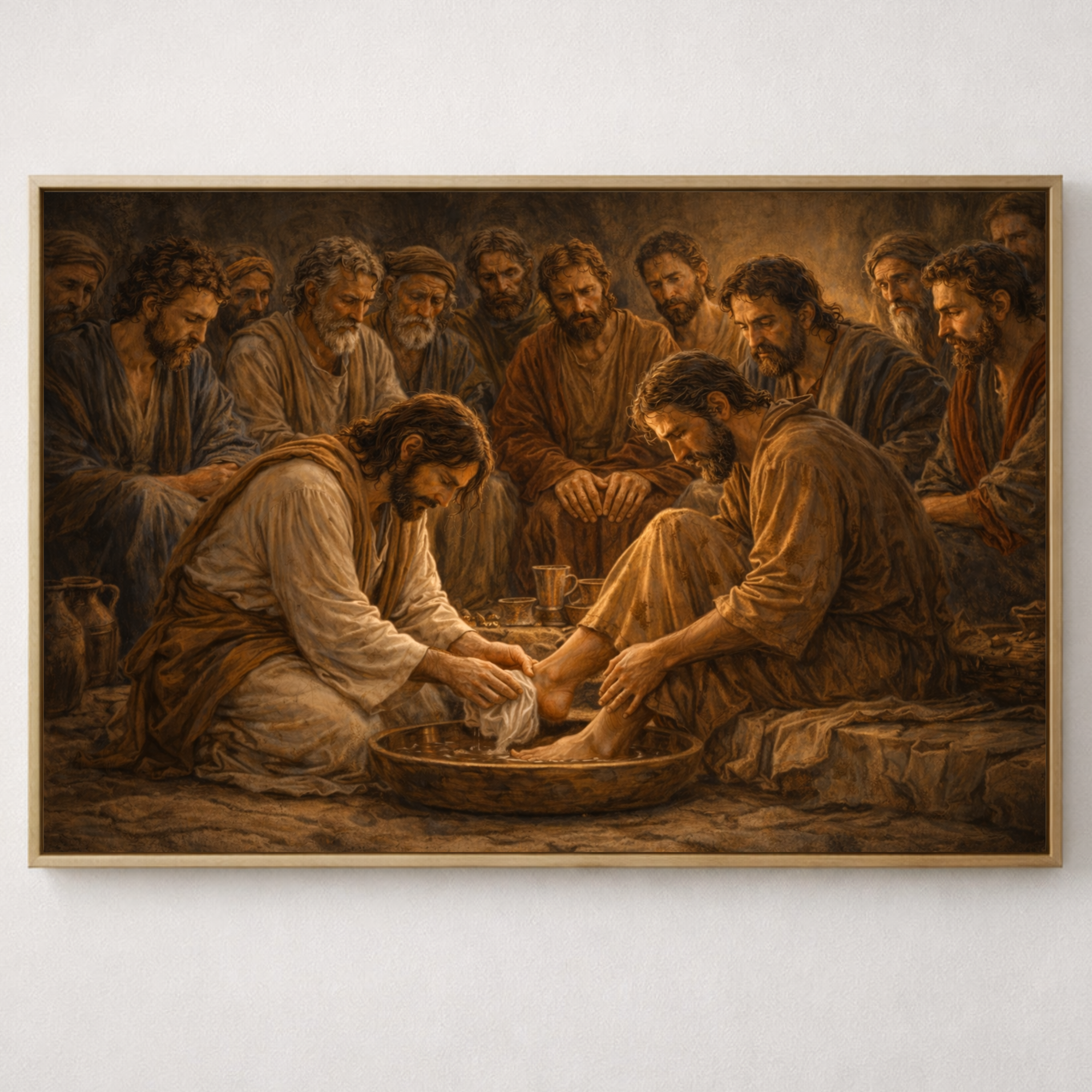 jesus washing the disciples feet, framed canvas 