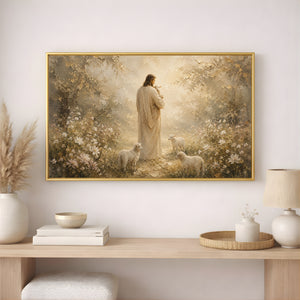 Jesus with Lambs in Blooming Garden | Christian Wall Art