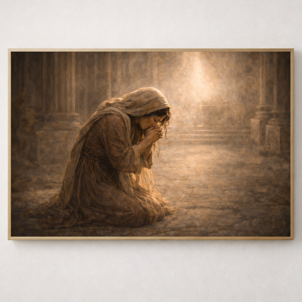 Artistic depiction of a woman in a long dress sitting on the ground with a light source in the background.