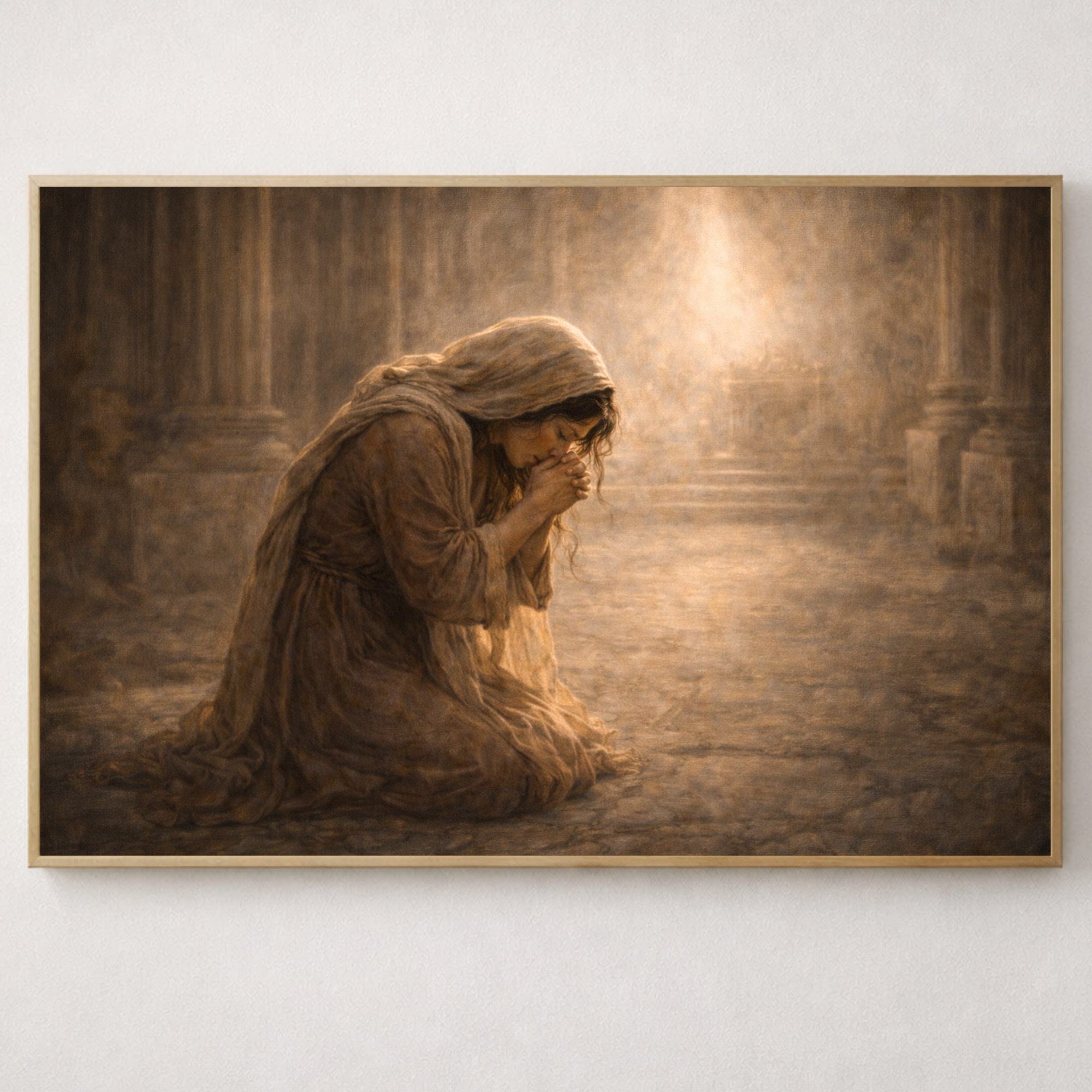 Artistic depiction of a woman in a long dress sitting on the ground with a light source in the background.