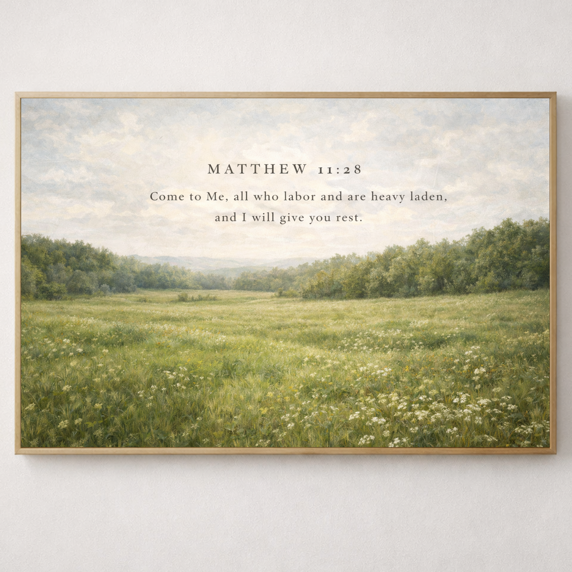 Peaceful Matthew 11:28 scripture landscape art featuring a soft meadow scene and calming colors. 