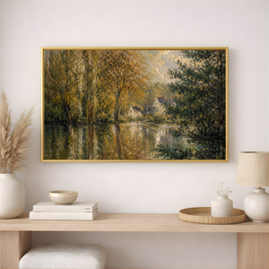 Golden Reflections Along the River Canvas | Moody Landscape Wall Art