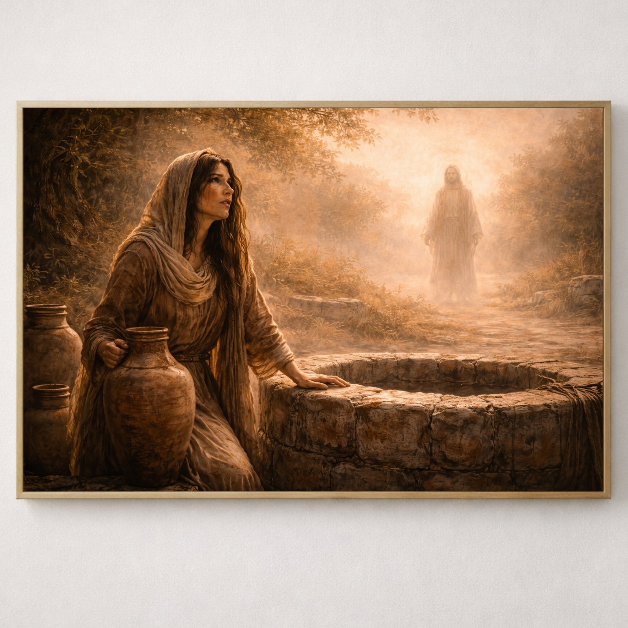 Framed artwork of a woman at a well with another figure in the background