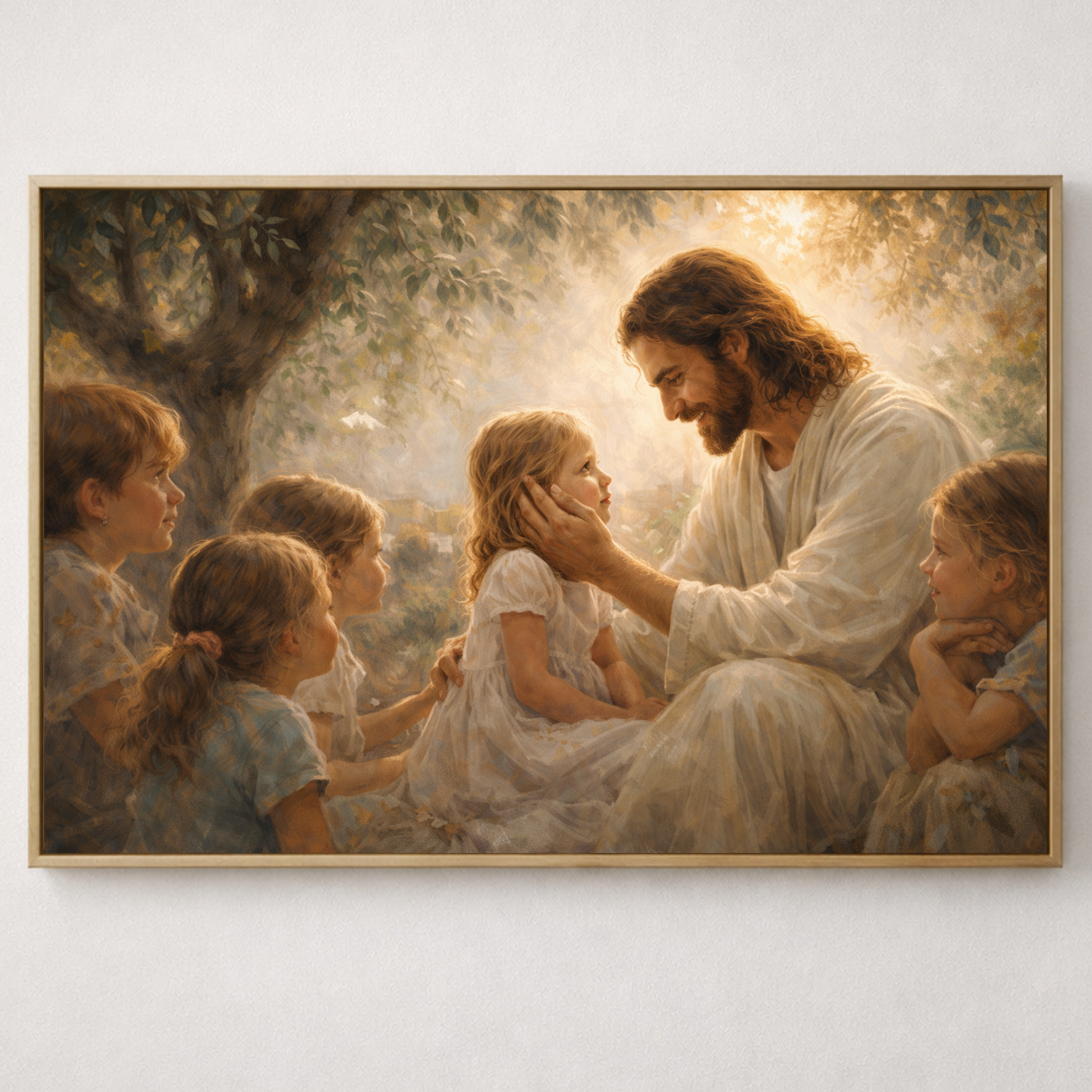 Framed artwork of a religious scene with a man and children in a natural setting.