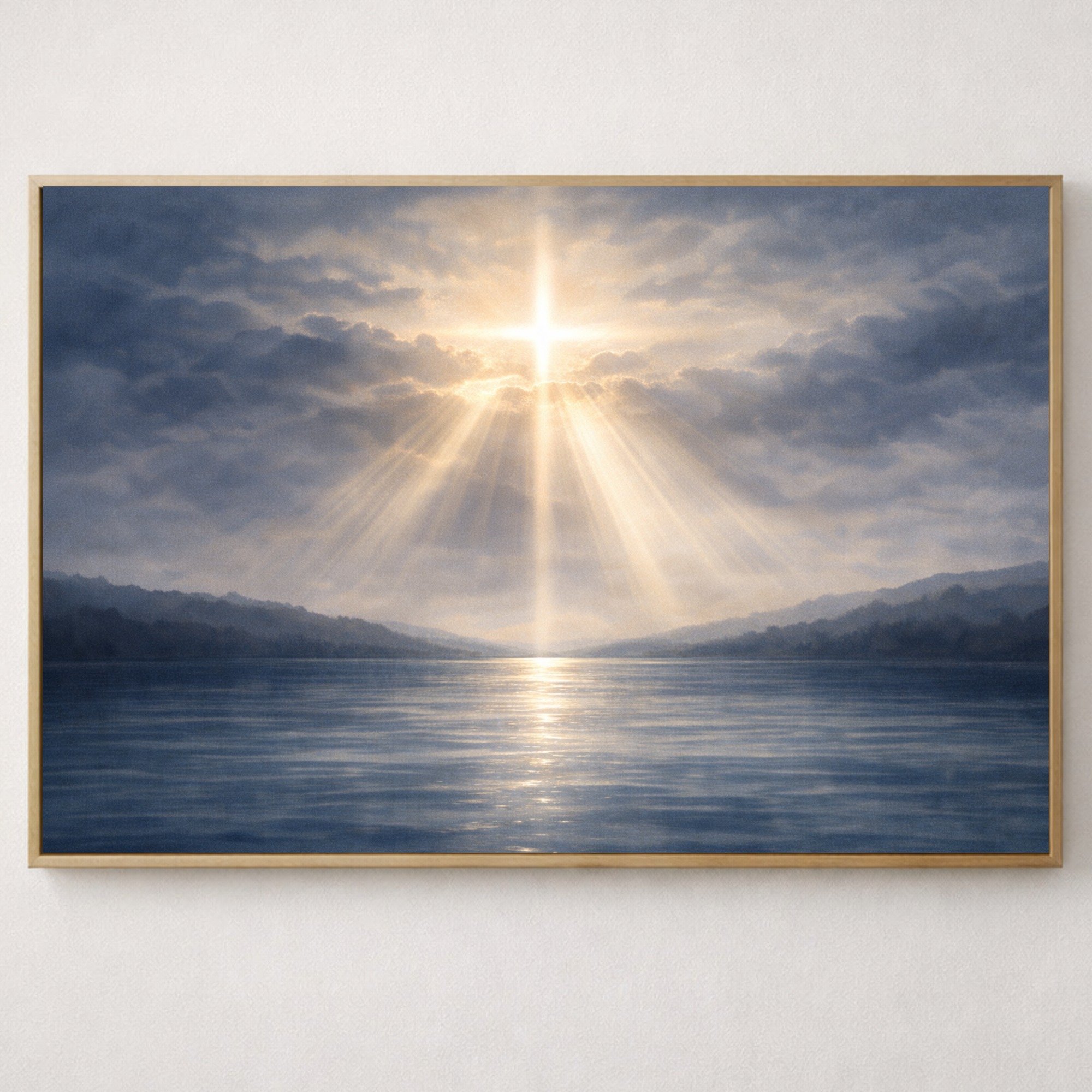 Serene Christian landscape artwork featuring a radiant cross of light over calm waters.