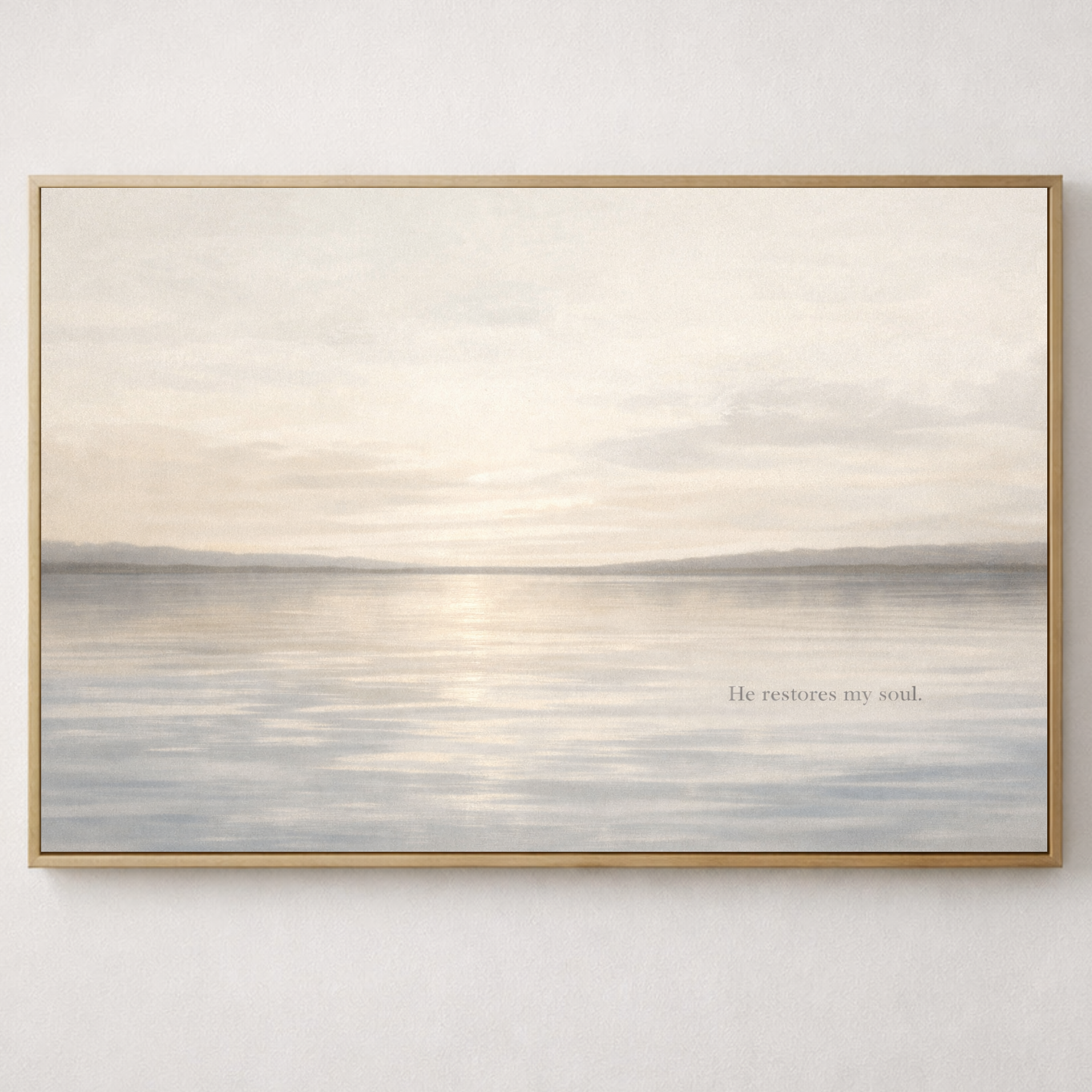 Minimal Christian canvas print featuring “He restores my soul” from Psalm 23. 