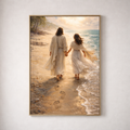 Jesus Walking with a woman on the beach, framed canvas