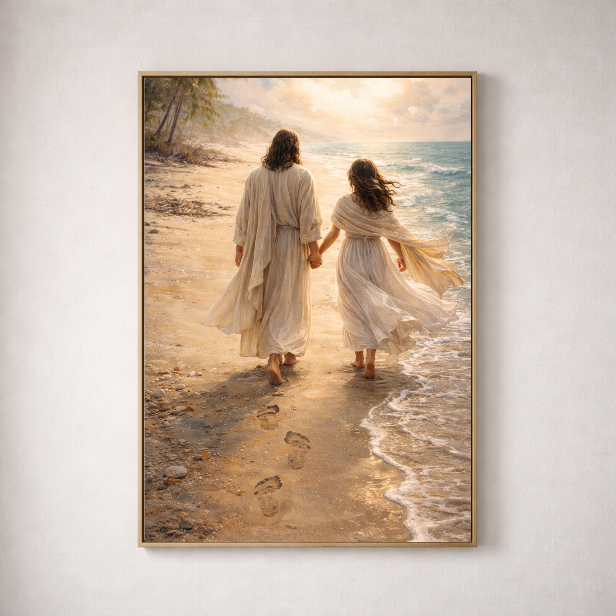 Jesus Walking with a woman on the beach, framed canvas