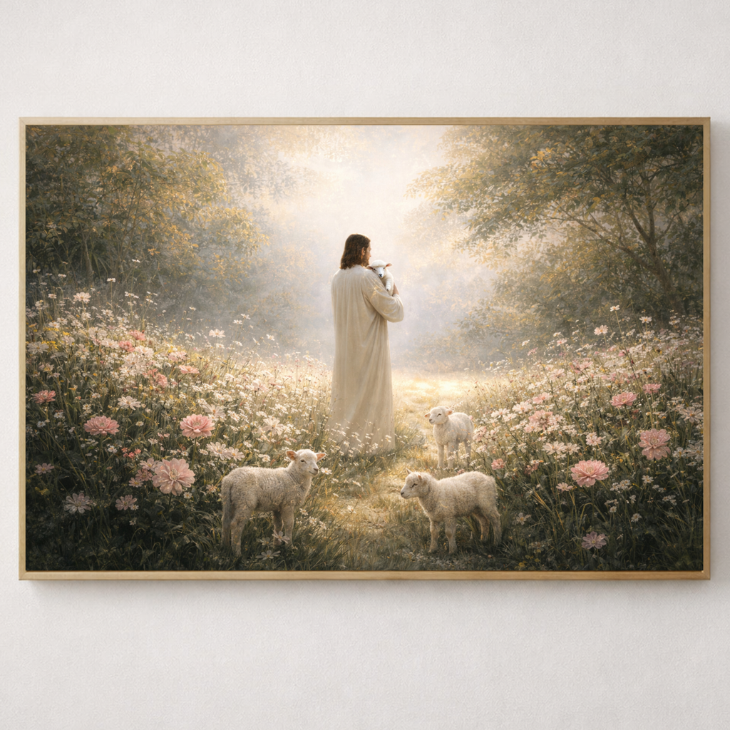 A peaceful Christian artwork depicting Jesus as the Good Shepherd surrounded by lambs in a sunlit meadow. 