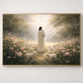 A peaceful Christian artwork depicting Jesus as the Good Shepherd surrounded by lambs in a sunlit meadow. 