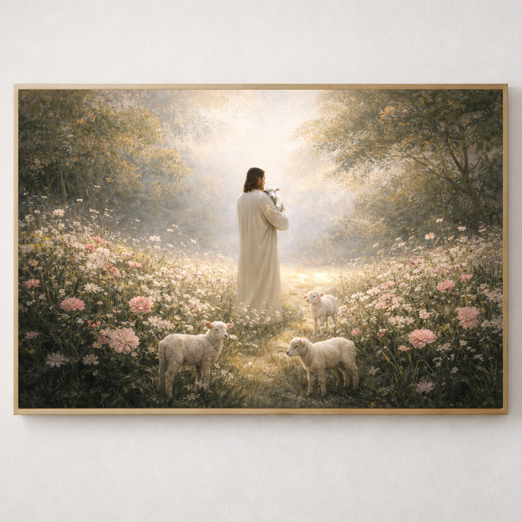 A peaceful Christian artwork depicting Jesus as the Good Shepherd surrounded by lambs in a sunlit meadow. 