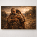 Framed artwork of two men embracing in a pastoral setting with a house and trees.