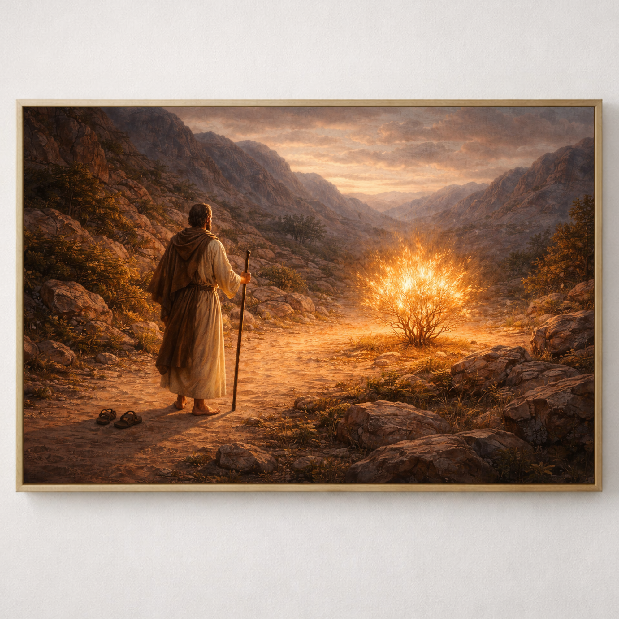 Painting of a figure walking towards a glowing light in a mountainous landscape.