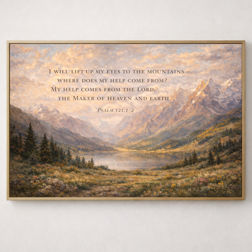 Framed landscape painting with a mountain scene and Psalm 23:1-2 text on a white wall.