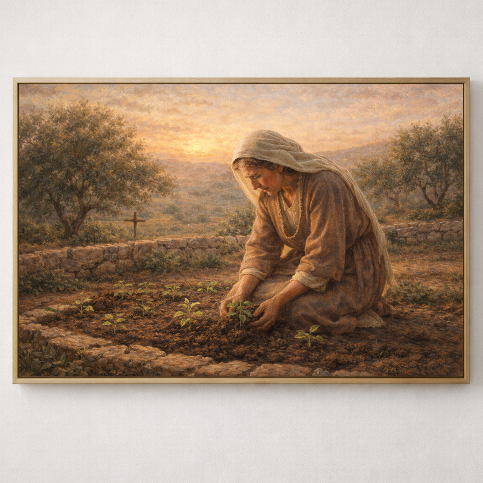 Framed painting of a woman tending to plants in a field with a cross in the background.