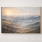 Christian scripture wall art featuring Lamentations 3 23 with a peaceful sunrise mountain landscape.