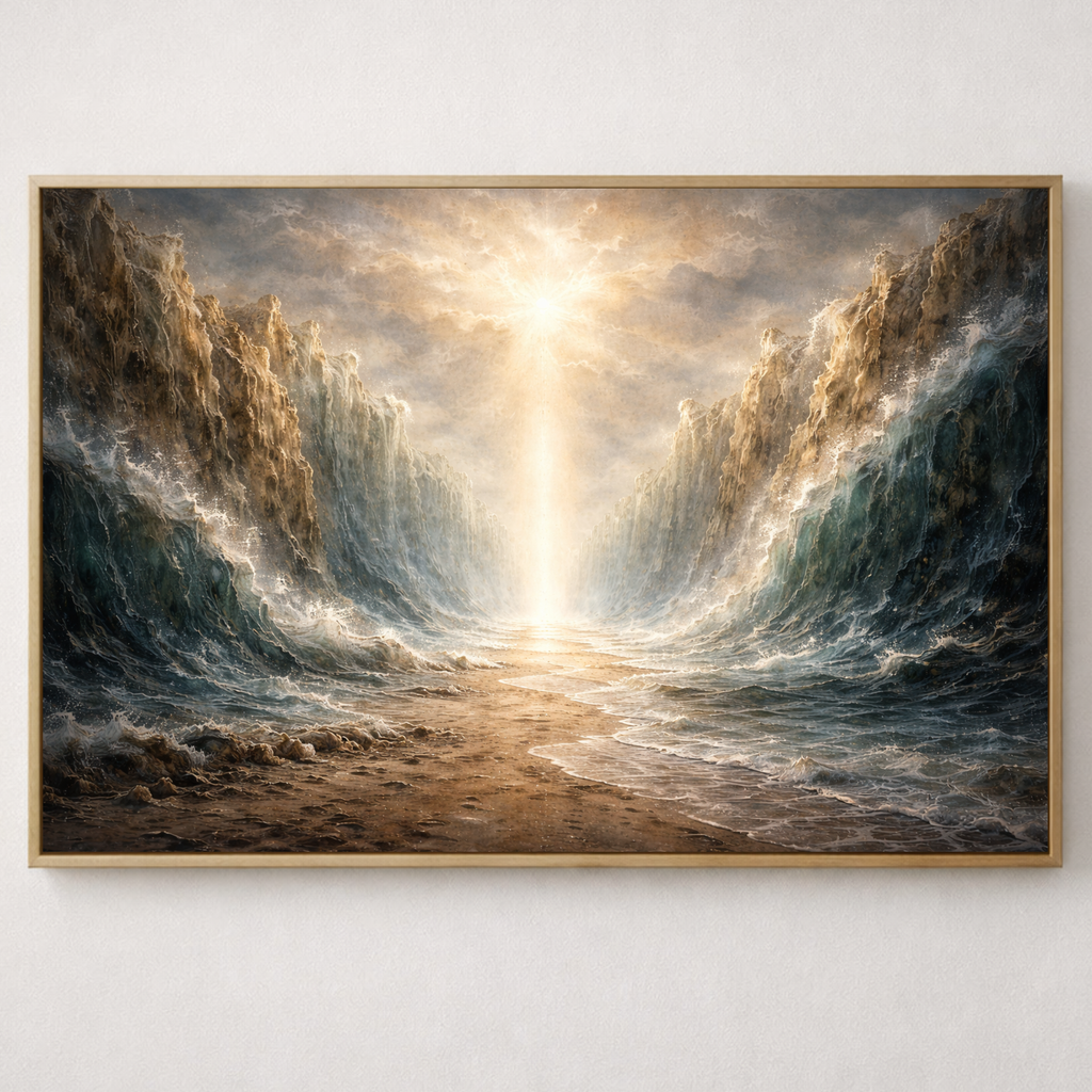 inspired by the parting of the Red Sea. A dramatic biblical ocean painting representing faith, deliverance, and the Exodus story.