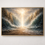 inspired by the parting of the Red Sea. A dramatic biblical ocean painting representing faith, deliverance, and the Exodus story.