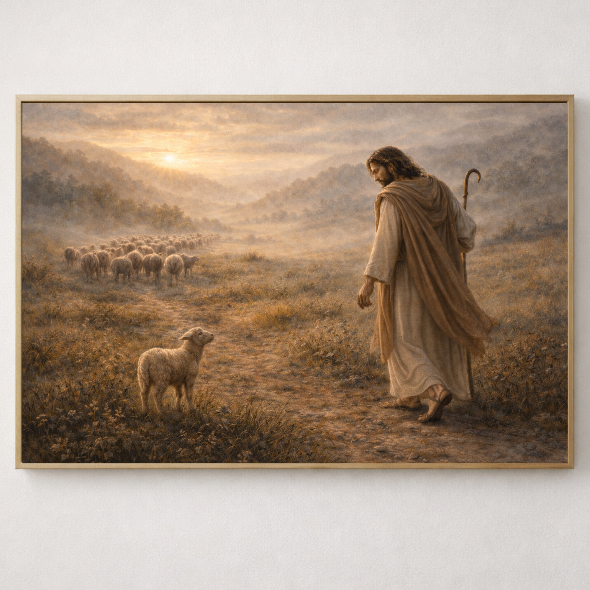 Framed artwork of a shepherd with a lamb in a pastoral landscape.