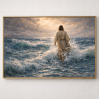 Jesus walking across the open sea beneath a luminous, breaking sky. He is shown from behind, robes flowing softly as waves rise and curl around his feet