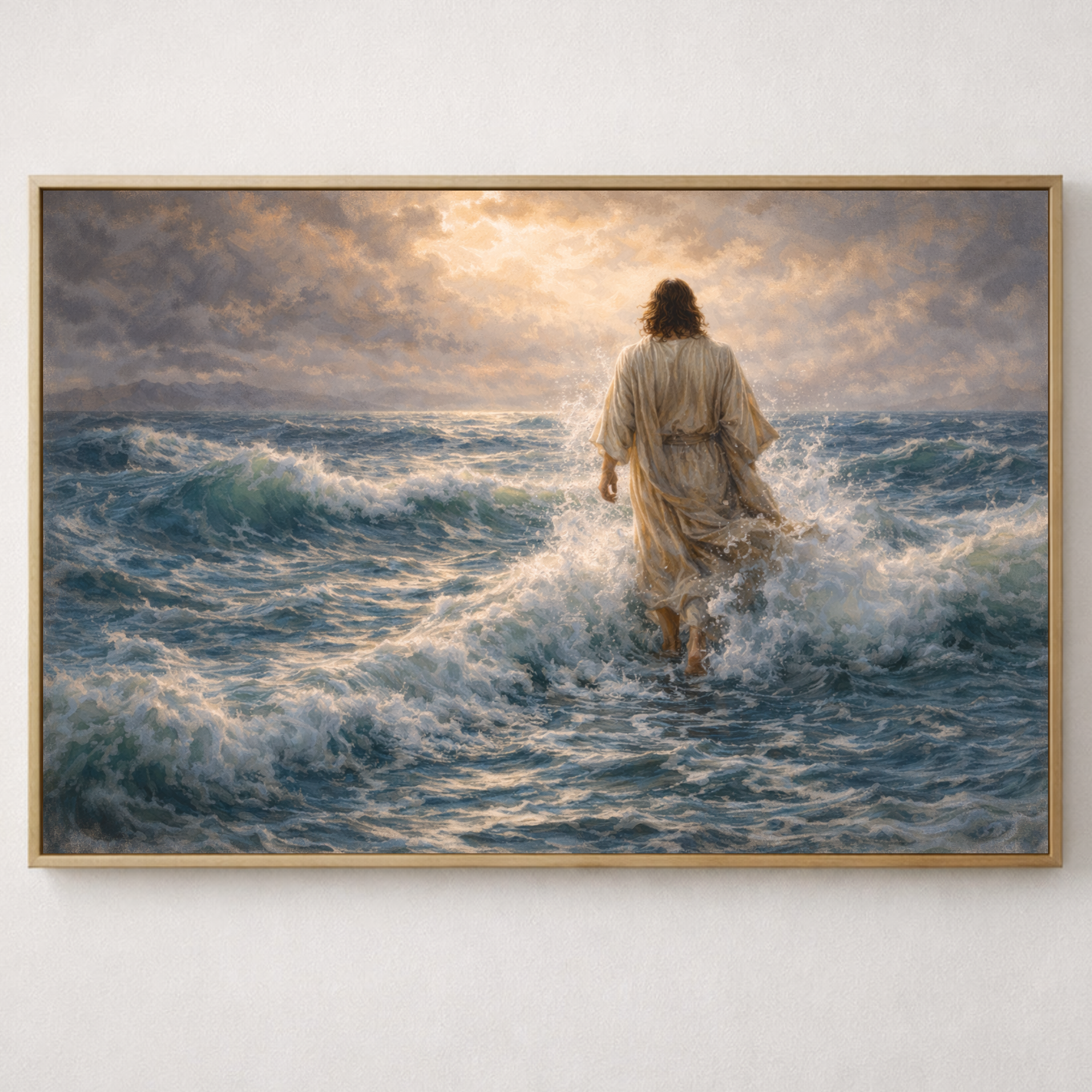 Jesus walking across the open sea beneath a luminous, breaking sky. He is shown from behind, robes flowing softly as waves rise and curl around his feet