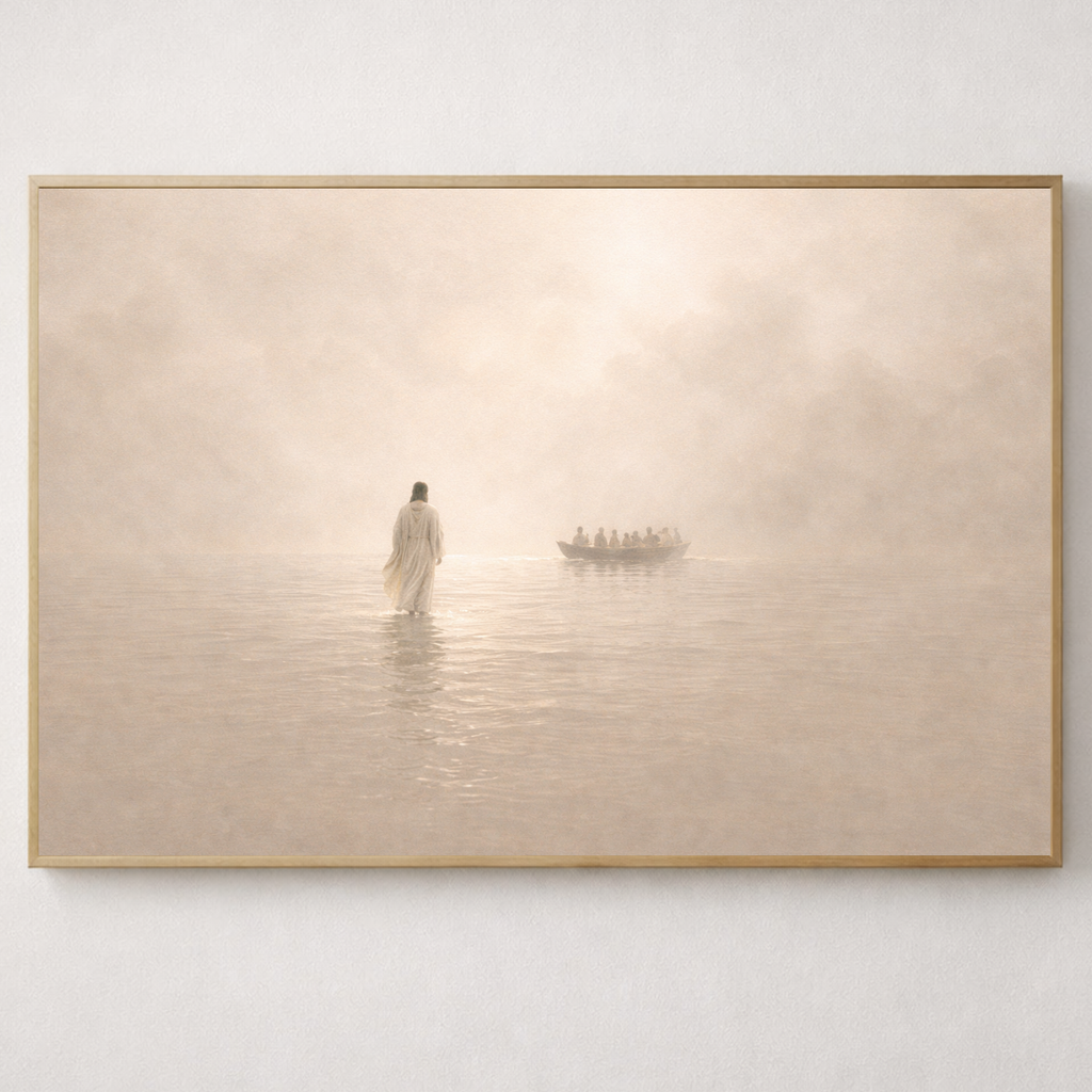 Framed artwork of jesus walking on water with a ship in the distance.