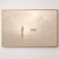 Framed artwork of jesus walking on water with a ship in the distance.