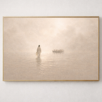 Framed artwork of jesus walking on water with a ship in the distance.