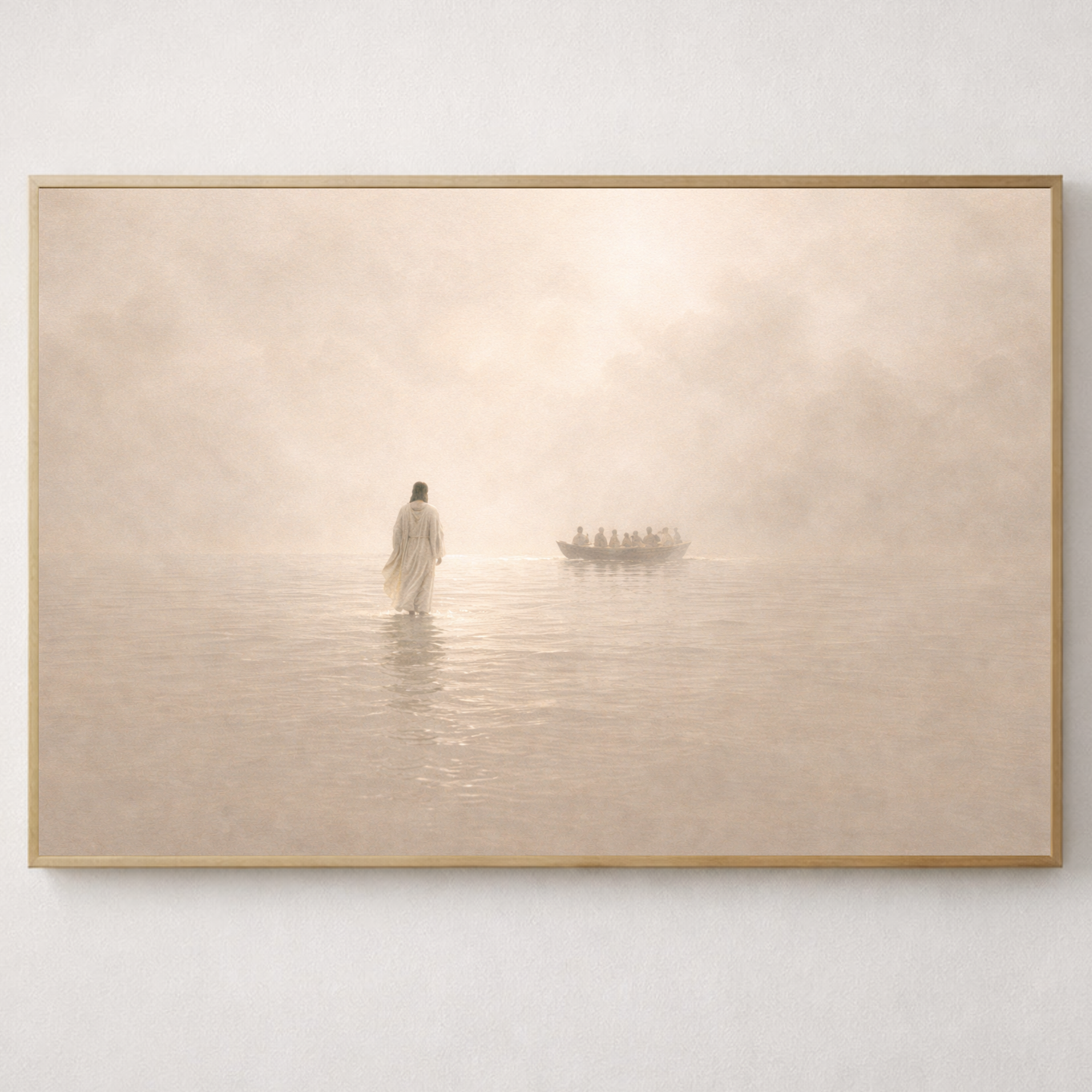 Framed artwork of jesus walking on water with a ship in the distance.