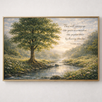 Framed artwork of a tree by a stream with a biblical verse on a white wall.