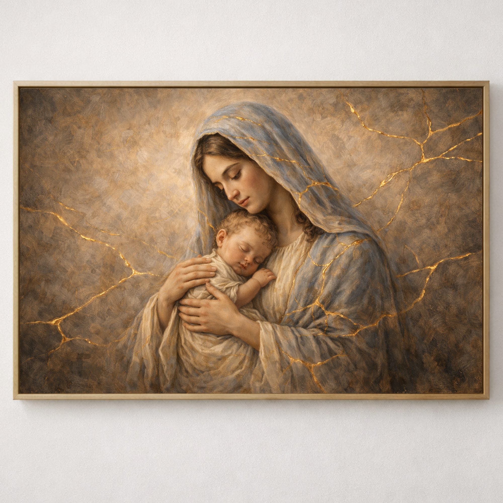 Timeless framed Christian artwork featuring the Virgin Mary holding baby Jesus