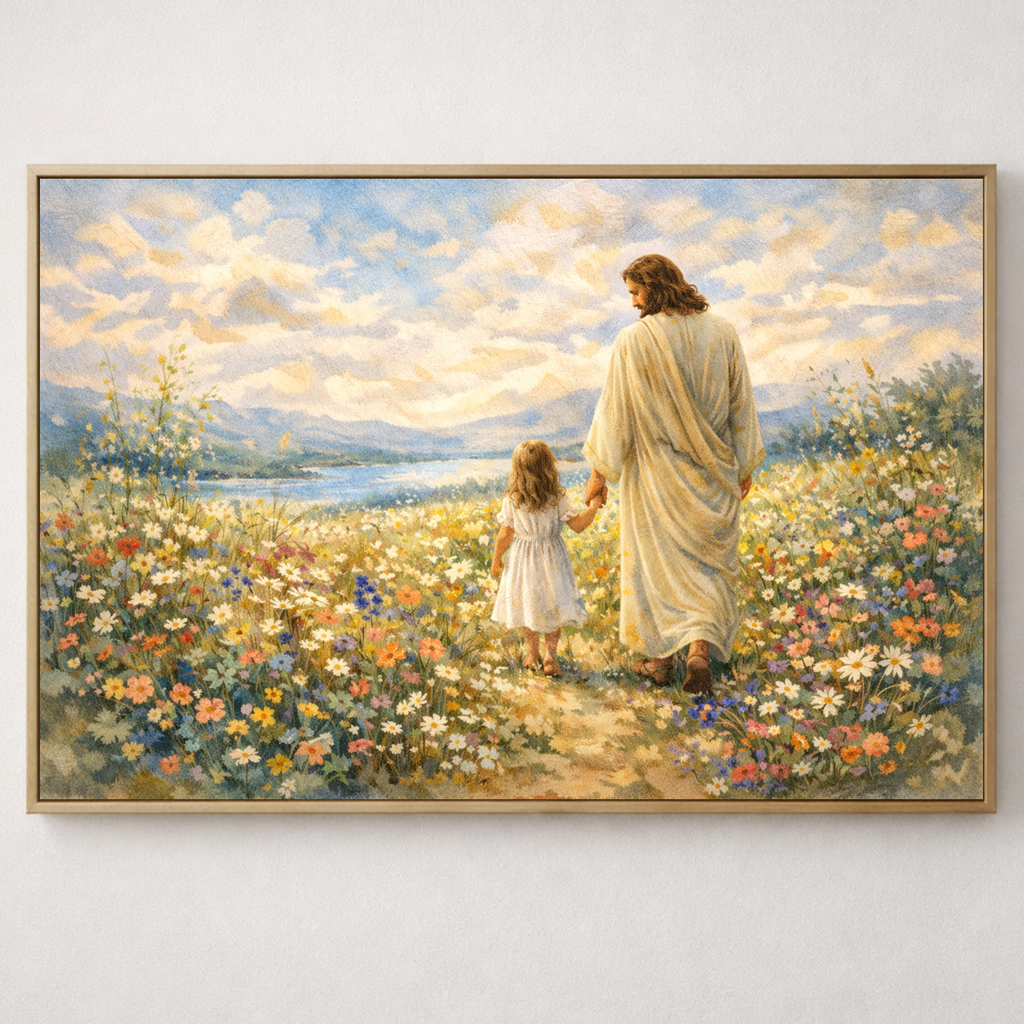  Jesus walking hand in hand with a child through a peaceful wildflower meadow