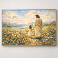  Jesus walking hand in hand with a child through a peaceful wildflower meadow