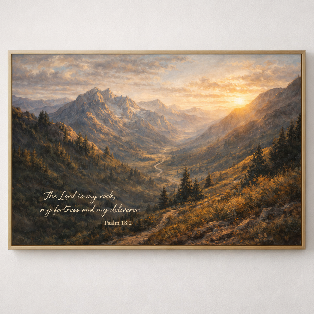 Framed artwork of a mountain landscape with a sunset and a biblical quote.