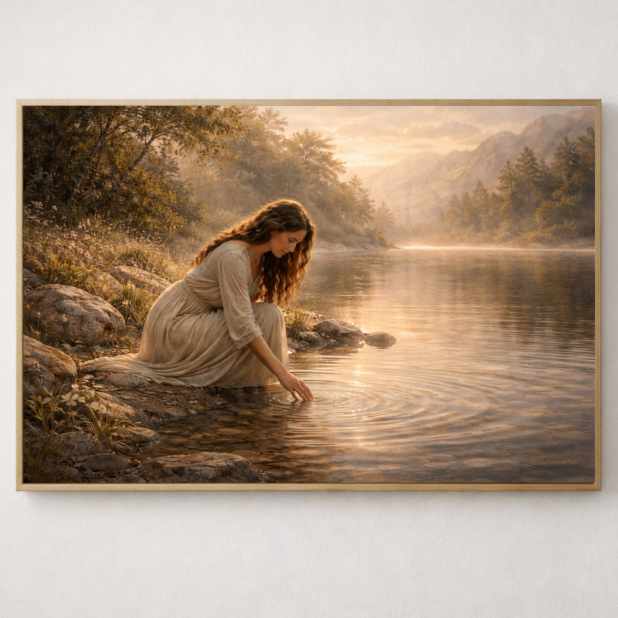 Framed artwork of a woman in a dress sitting by a lake with a scenic background.